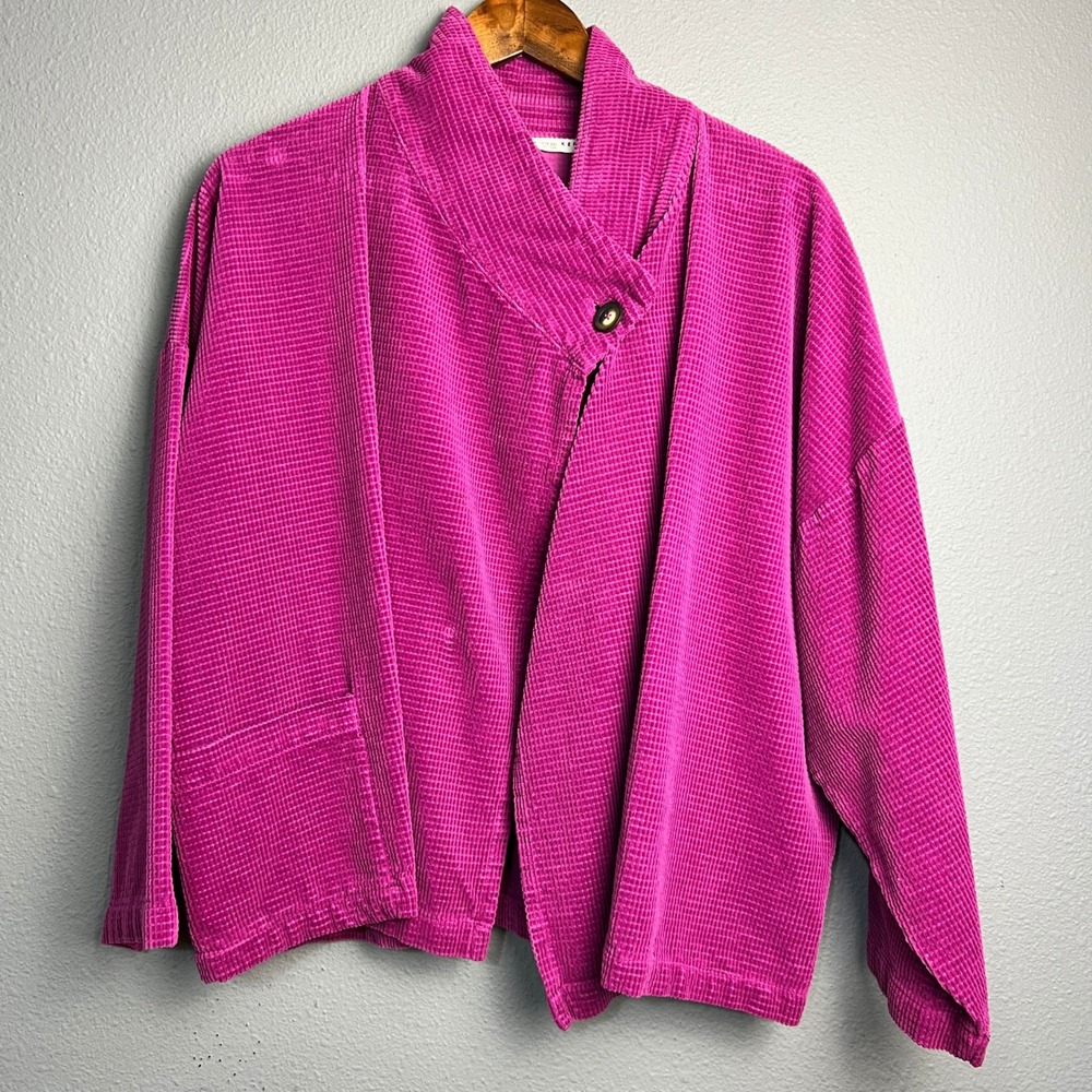 Bryn Walker Magenta Waffle Knit Jacket Sz M Funnel Neck Oversized Boxy Lagenlook
